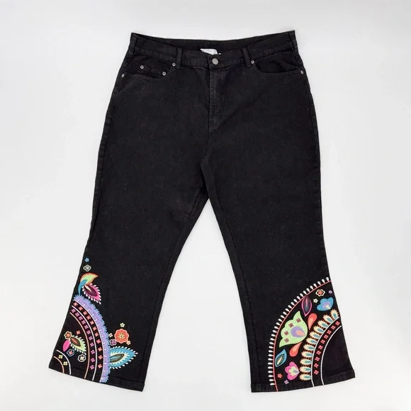 DG By Diane Gilman Womens Embroidered Crop Jeans Black Stretch 16W Stretch Boho - Picture 1 of 12